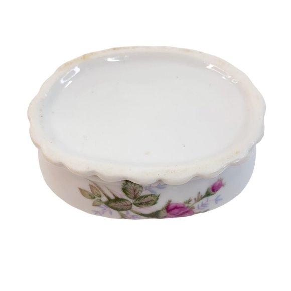 Vintage Trinket Box Pink Rose Ruffle Edge Gold Trim Jewelry Ring Coin Catch All - Picture 5 of 8